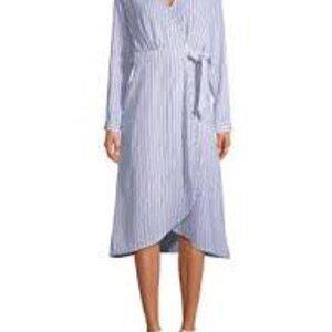Time and Tru Blue White Stripe Long Sleeve Midi Wrap Dress w Tie Sz 16-18